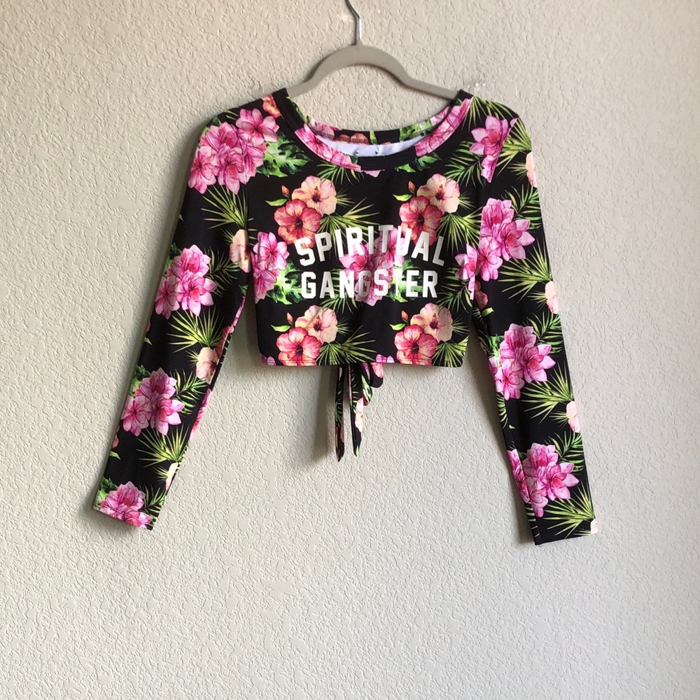 Spiritual Gangster Floral Long Sleeve Crop Top Swim Coverup Tie Back Open